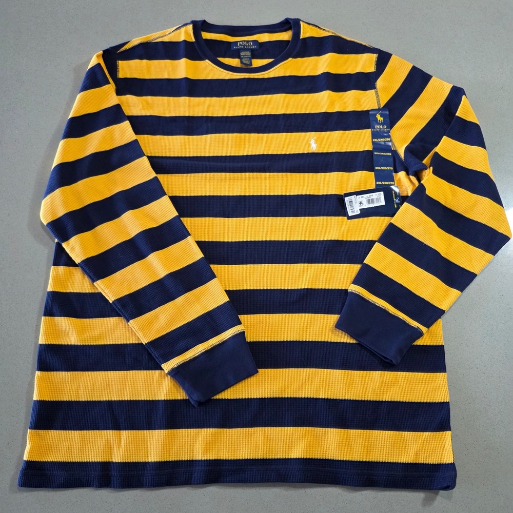 Polo Ralph Lauren Mens 2XL Waffle‎ Knit Thermal Sleep Shirt Navy Yellow Striped